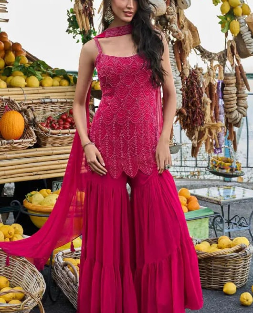 PINK - Fuchsia Embroidered Georgette Designer Suit